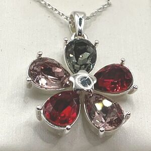 Silver Tone Multi-Stone Flower Pendant Necklace 18" Sparkling Petal Design